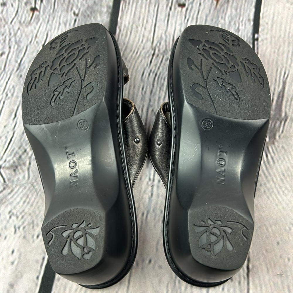 NAOT Deep Metallic Pewter Leather Jeweled Open Toe Slip On Low Wedge Sandals - Picture 13 of 17